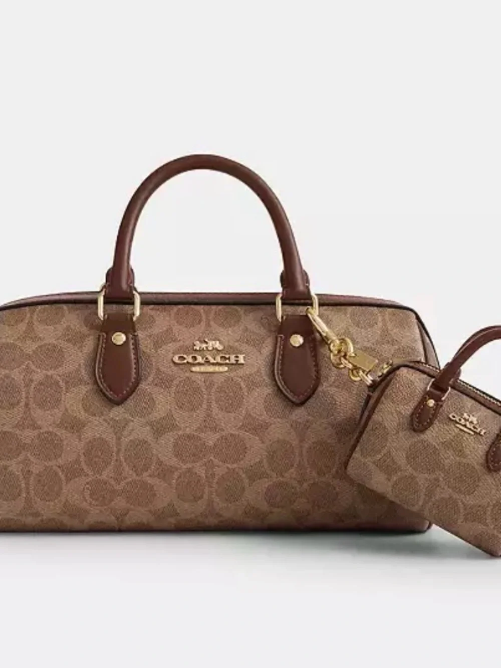 Coach Tan/Brown Signature Mini Satchel Keyring with Gold Hardware - Picture 2 of 12